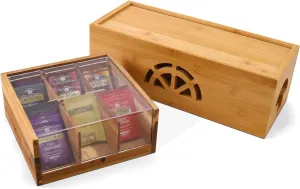 HTB Acacia Wood Tea Bag Organizer Storage & Bamboo Cable Management Box with Lid