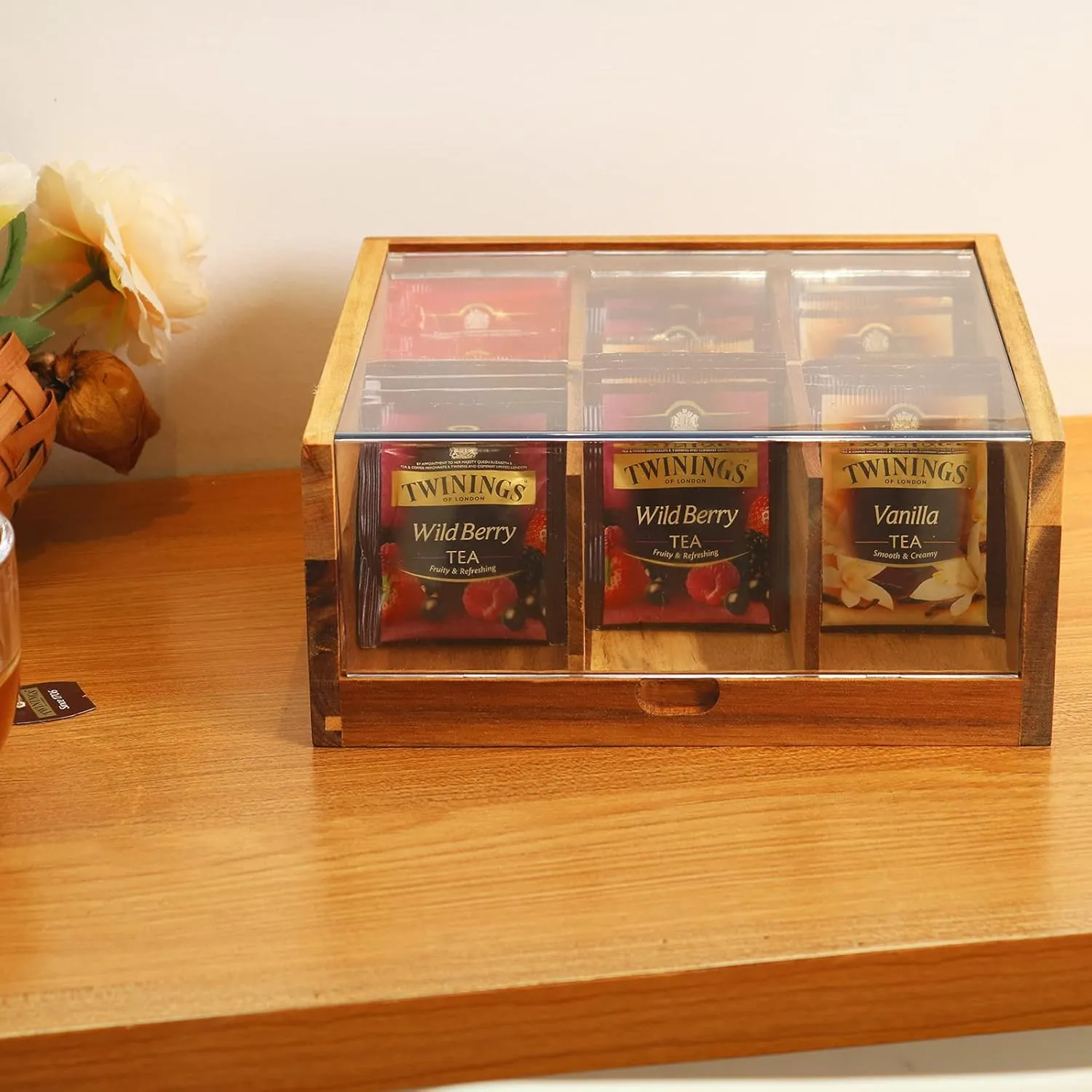 HTB Acacia Wood Tea Bag Organizer Storage, Gift Box 6 Compartments Tea Chest Box with Acrylic Transparent Hinged Lid