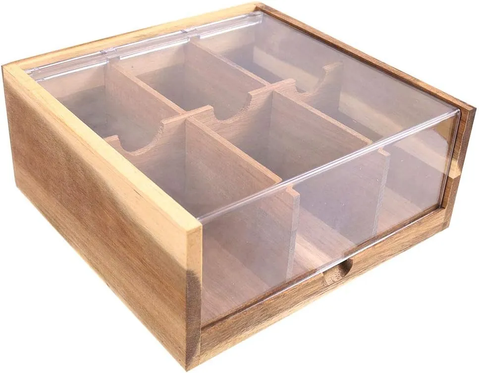 HTB Acacia Wood Tea Bag Organizer Storage, Gift Box 6 Compartments Tea Chest Box with Acrylic Transparent Hinged Lid