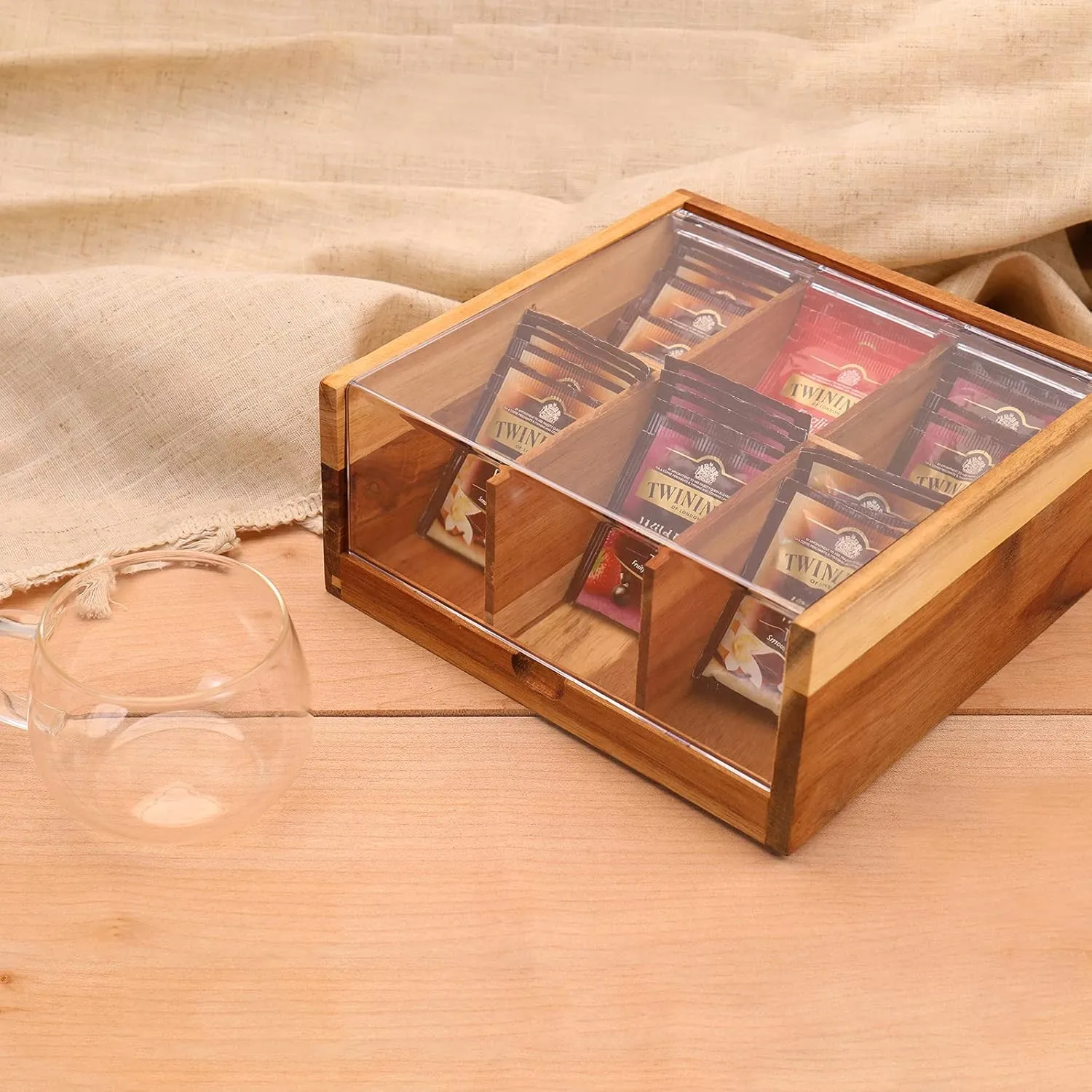HTB Acacia Wood Tea Bag Organizer Storage, Gift Box 6 Compartments Tea Chest Box with Acrylic Transparent Hinged Lid