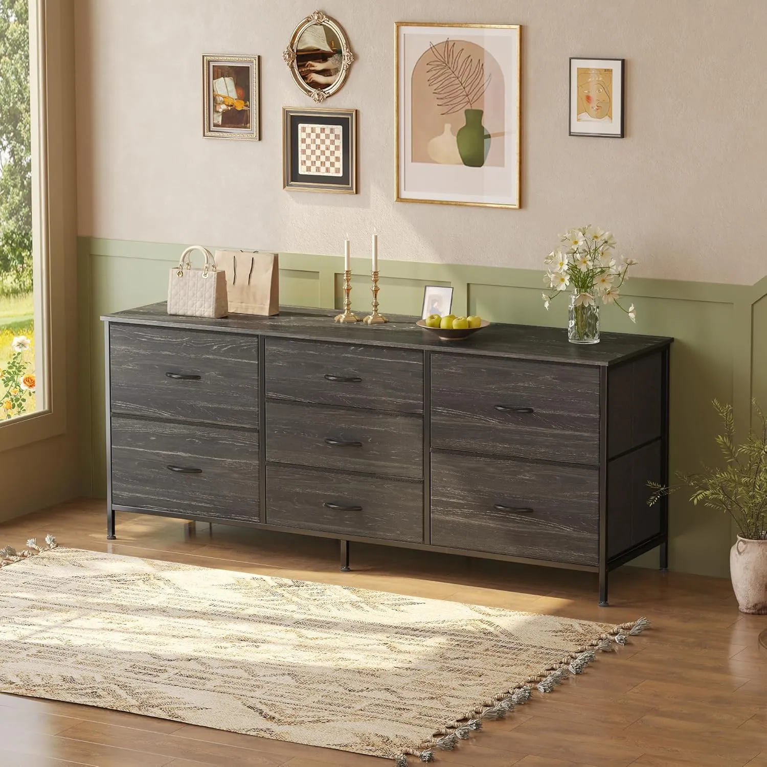 Huuger Dresser for Bedroom, 55 Inch TV Stand for 43, 55, 60 Inch TV, Long Fabric Dresser for Closet, TV Stand with 7 Drawers, Storage, Clothing, Charcoal Black Wood Grain Print