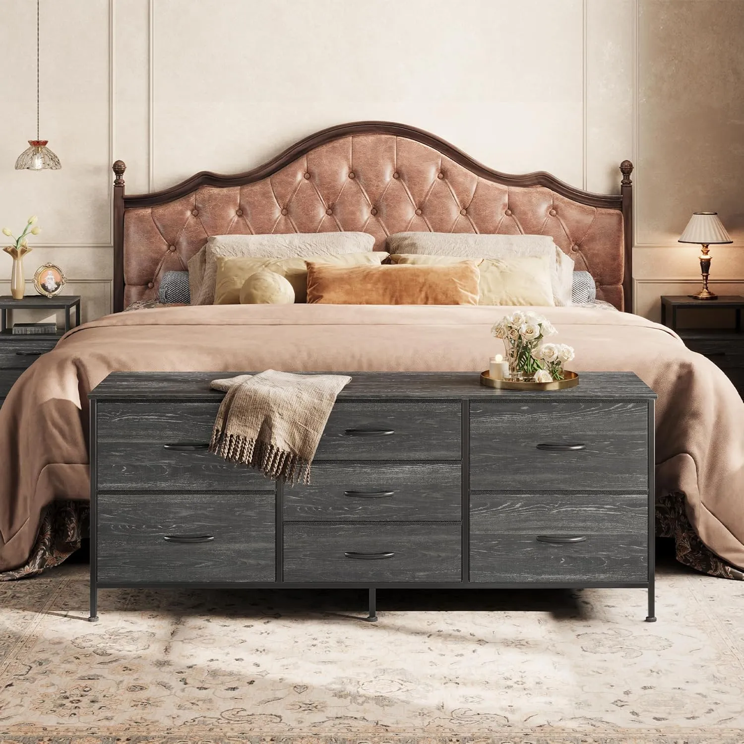 Huuger Dresser for Bedroom, 55 Inch TV Stand for 43, 55, 60 Inch TV, Long Fabric Dresser for Closet, TV Stand with 7 Drawers, Storage, Clothing, Charcoal Black Wood Grain Print