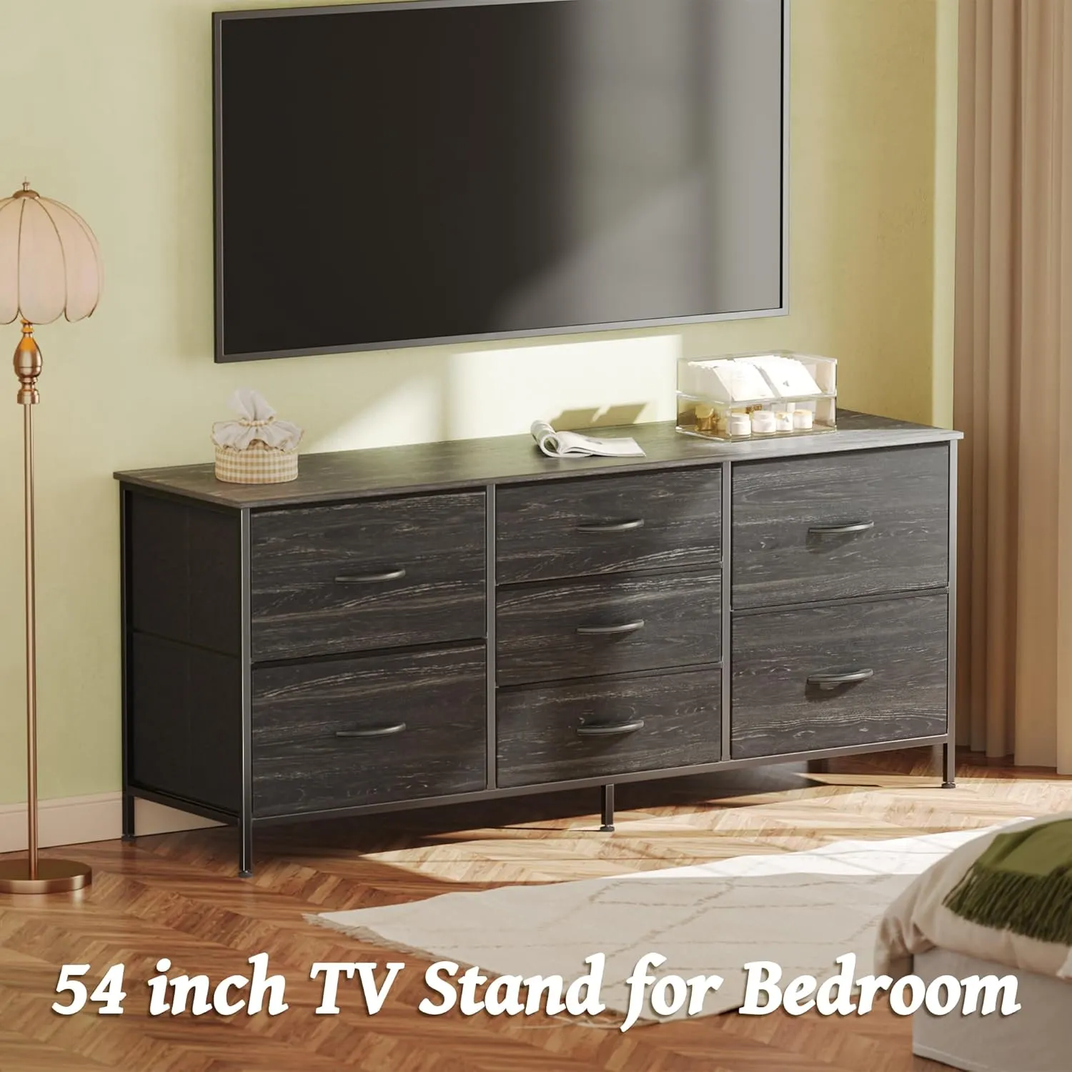 Huuger Dresser for Bedroom, 55 Inch TV Stand for 43, 55, 60 Inch TV, Long Fabric Dresser for Closet, TV Stand with 7 Drawers, Storage, Clothing, Charcoal Black Wood Grain Print