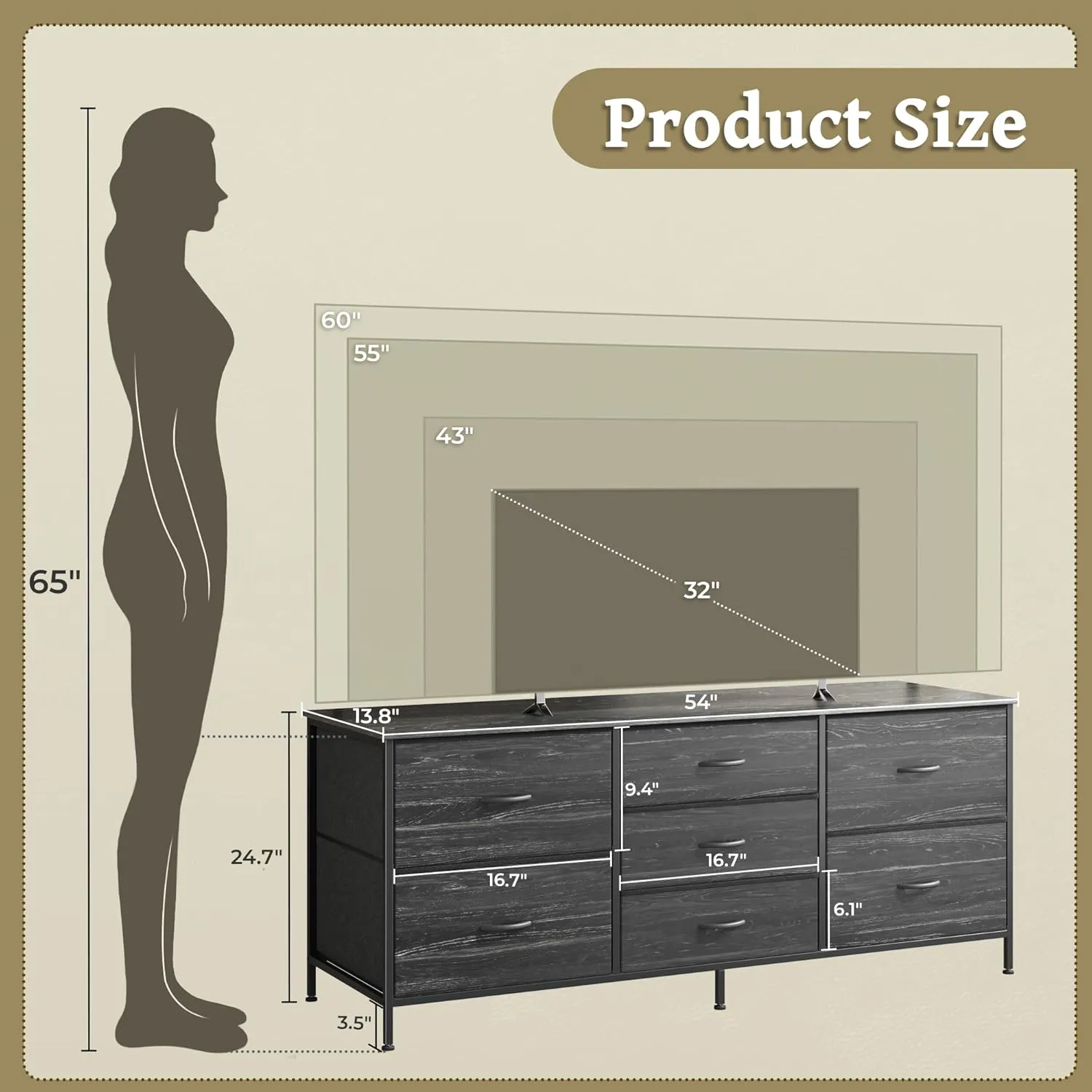 Huuger Dresser for Bedroom, 55 Inch TV Stand for 43, 55, 60 Inch TV, Long Fabric Dresser for Closet, TV Stand with 7 Drawers, Storage, Clothing, Charcoal Black Wood Grain Print