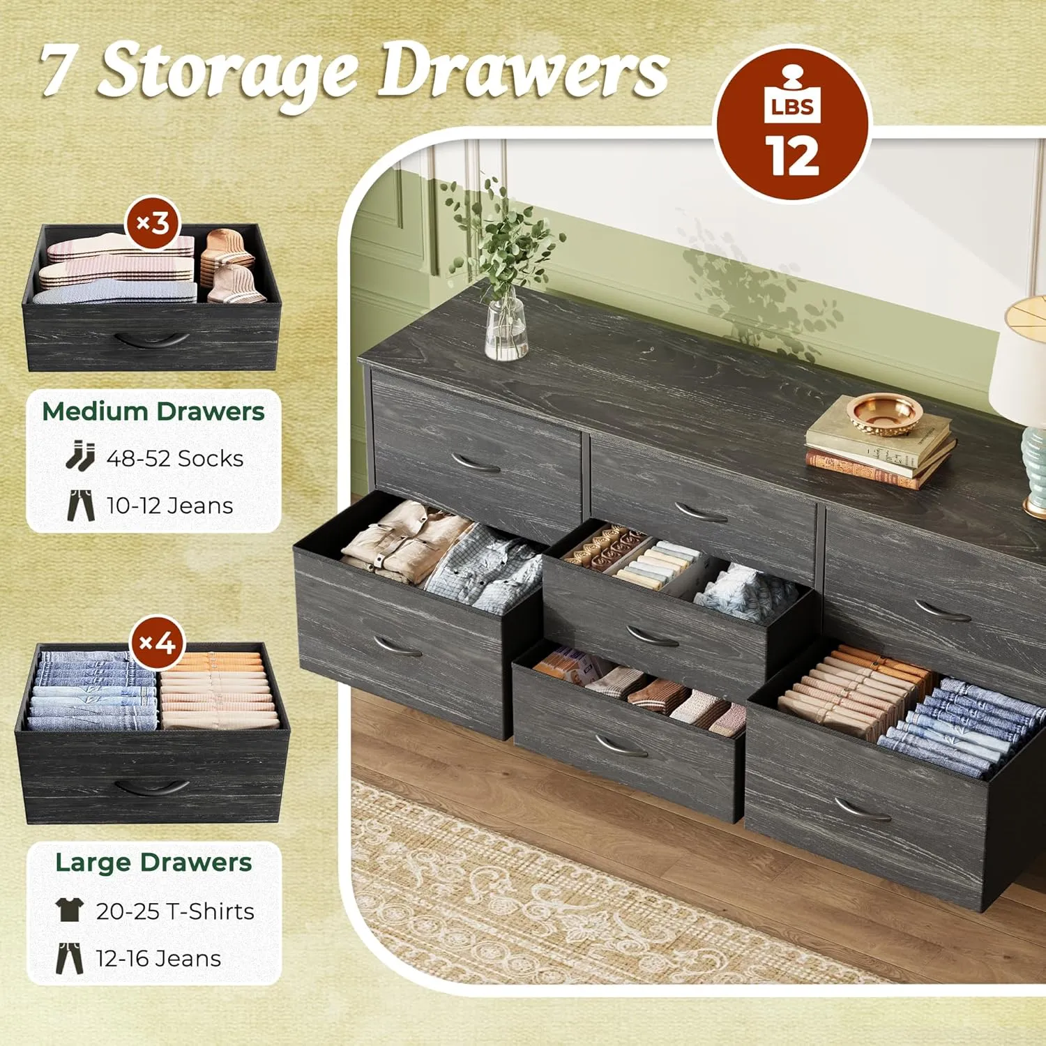 Huuger Dresser for Bedroom, 55 Inch TV Stand for 43, 55, 60 Inch TV, Long Fabric Dresser for Closet, TV Stand with 7 Drawers, Storage, Clothing, Charcoal Black Wood Grain Print