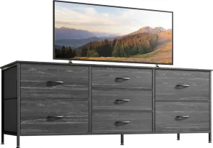 Huuger Dresser for Bedroom, 55 Inch TV Stand for 43, 55, 60 Inch TV, Long Fabric Dresser for Closet, TV Stand with 7 Drawers, Storage, Clothing, Charcoal Black Wood Grain Print