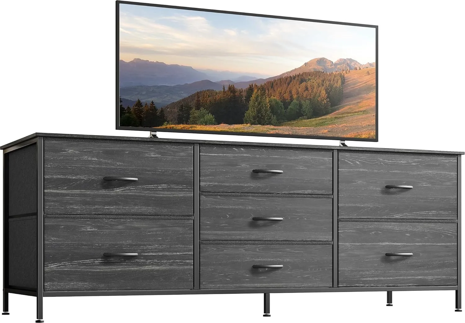 Huuger Dresser for Bedroom, 55 Inch TV Stand for 43, 55, 60 Inch TV, Long Fabric Dresser for Closet, TV Stand with 7 Drawers, Storage, Clothing, Charcoal Black Wood Grain Print