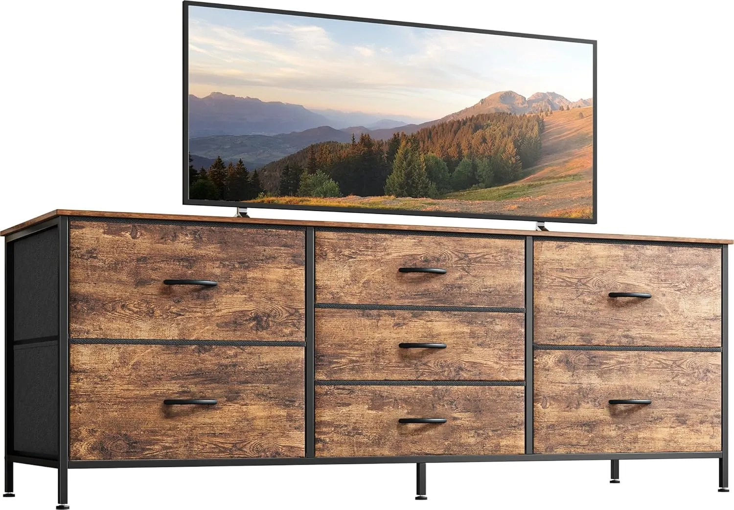 Huuger Dresser for Bedroom, 55 Inch TV Stand for 43, 55, 60 Inch TV, Long Fabric Dresser with 7 Drawers, Chest of Drawers for Storage, Closet, Clothing, Rustic Brown