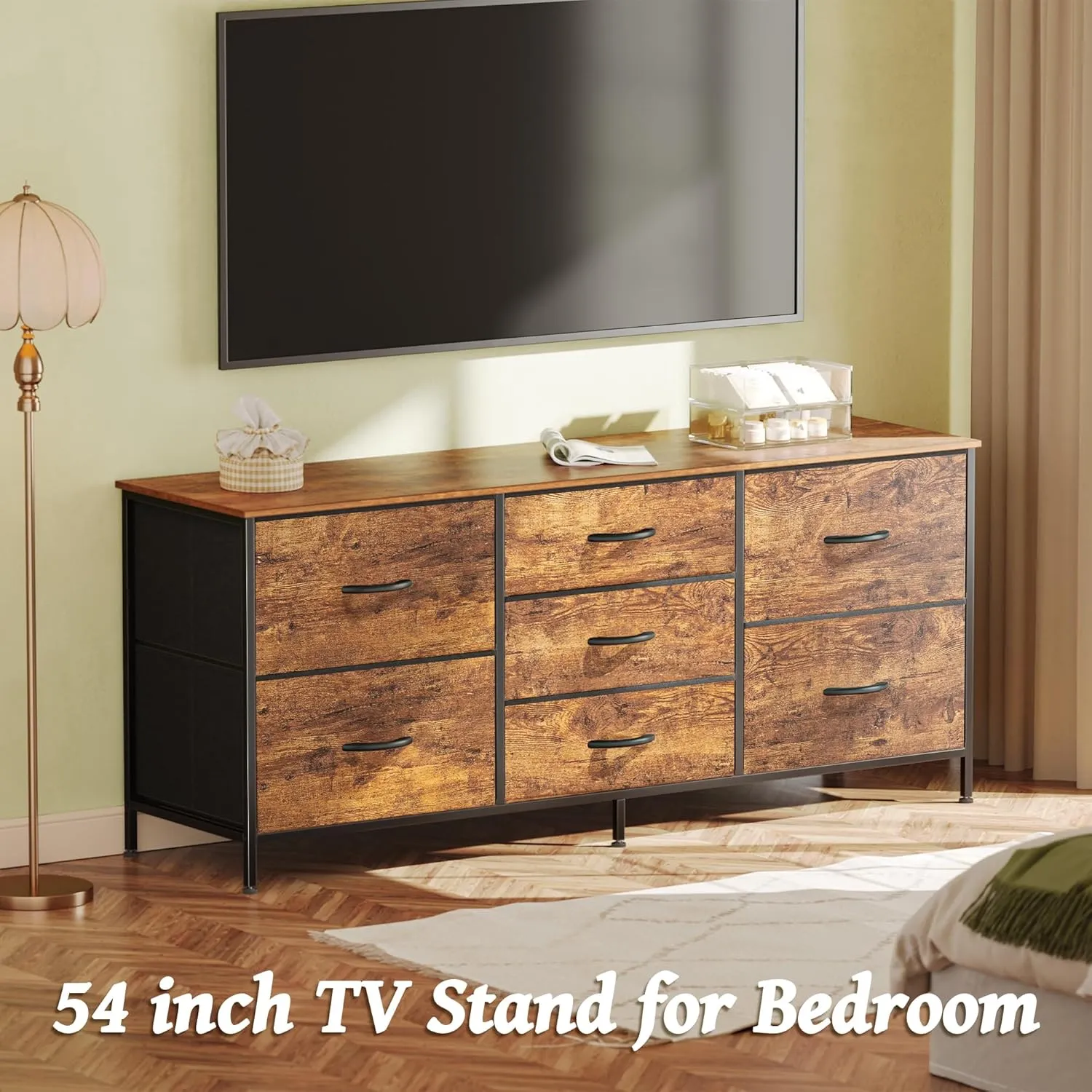 Huuger Dresser for Bedroom, 55 Inch TV Stand for 43, 55, 60 Inch TV, Long Fabric Dresser with 7 Drawers, Chest of Drawers for Storage, Closet, Clothing, Rustic Brown