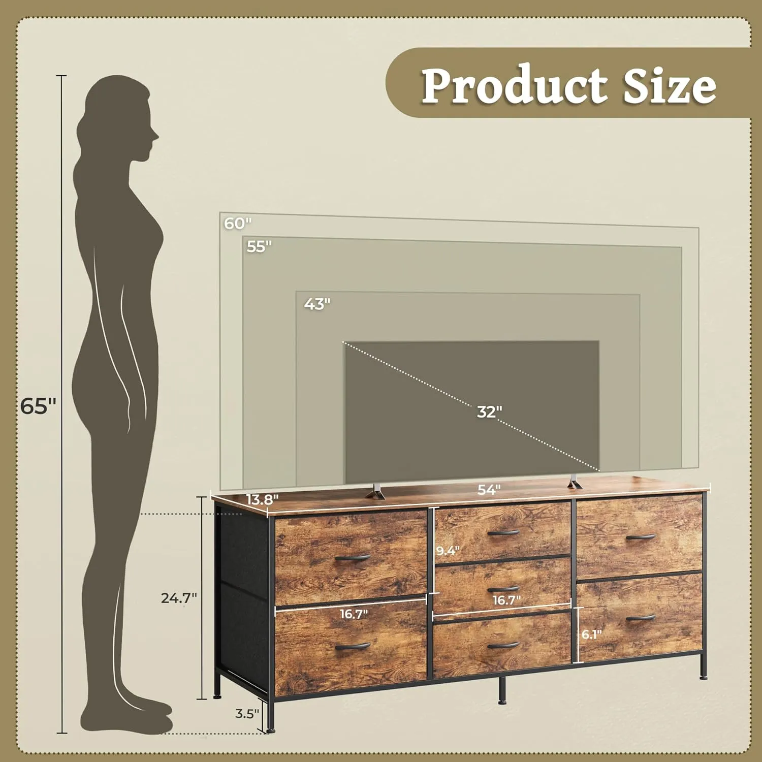 Huuger Dresser for Bedroom, 55 Inch TV Stand for 43, 55, 60 Inch TV, Long Fabric Dresser with 7 Drawers, Chest of Drawers for Storage, Closet, Clothing, Rustic Brown