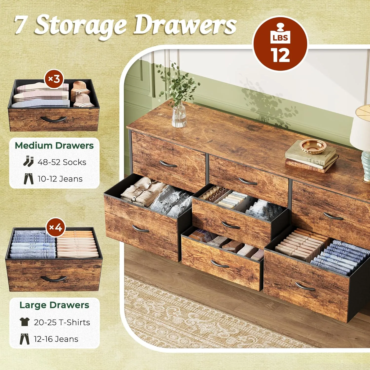 Huuger Dresser for Bedroom, 55 Inch TV Stand for 43, 55, 60 Inch TV, Long Fabric Dresser with 7 Drawers, Chest of Drawers for Storage, Closet, Clothing, Rustic Brown