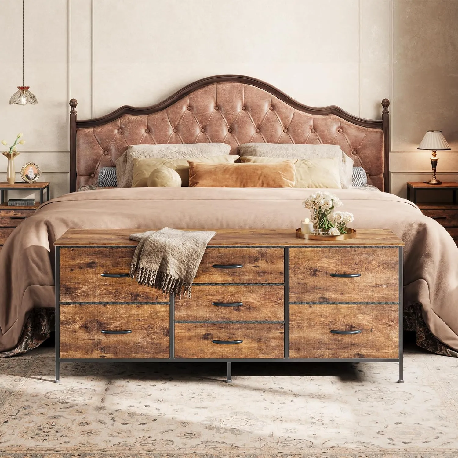 Huuger Dresser for Bedroom, 55 Inch TV Stand for 43, 55, 60 Inch TV, Long Fabric Dresser with 7 Drawers, Chest of Drawers for Storage, Closet, Clothing, Rustic Brown