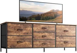 Huuger Dresser for Bedroom, 55 Inch TV Stand for 43, 55, 60 Inch TV, Long Fabric Dresser with 7 Drawers, Chest of Drawers for Storage, Closet, Clothing, Rustic Brown