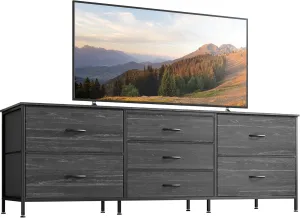 Huuger Dresser for Bedroom, 63 Inch TV Stand for 55, 65, 70 Inch TV, Long Fabric Dresser for Closet, Chest of Drawers for Storage, Clothing, 7 Drawers, Charcoal Black Wood Grain Print