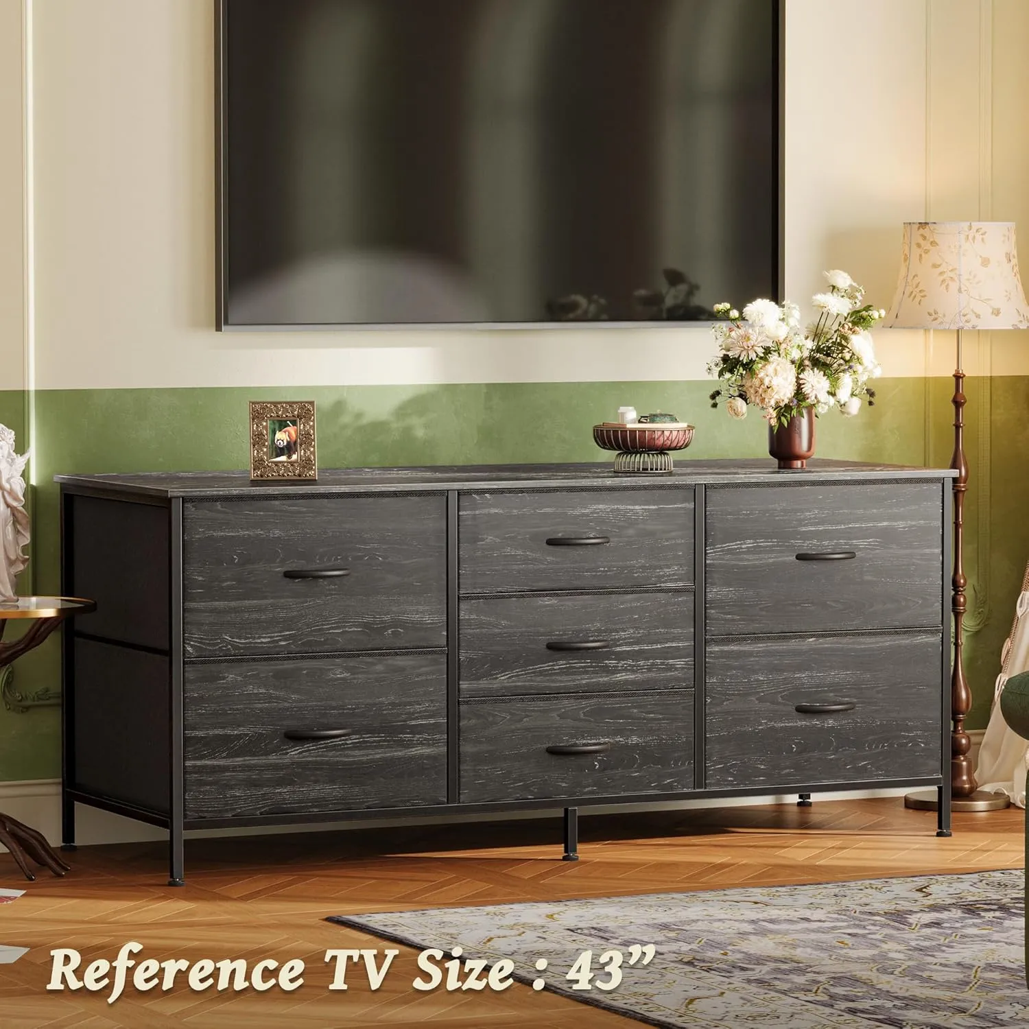 Huuger Dresser with 7 Fabric Drawers, 47 Inch Dresser TV Stand for 43, 50, 55 Inch TV, Metal Frame, for Bedroom, Clothing, Charcoal Black Wood Grain Print