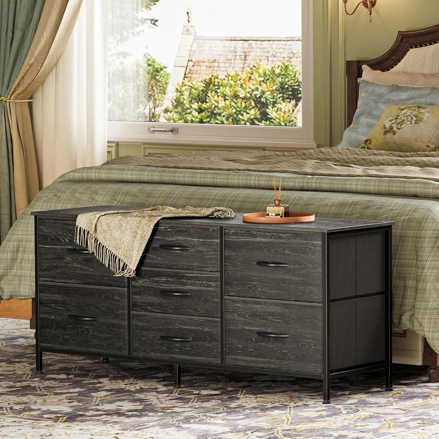 Huuger Dresser with 7 Fabric Drawers, 47 Inch Dresser TV Stand for 43, 50, 55 Inch TV, Metal Frame, for Bedroom, Clothing, Charcoal Black Wood Grain Print