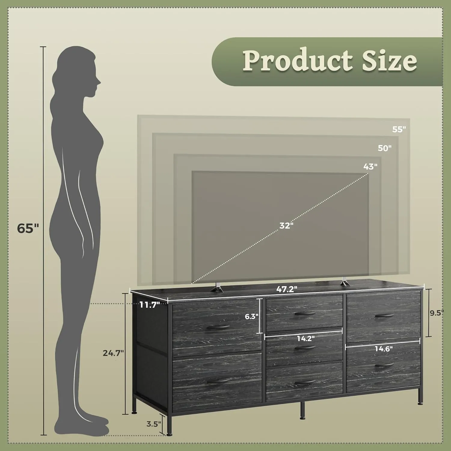 Huuger Dresser with 7 Fabric Drawers, 47 Inch Dresser TV Stand for 43, 50, 55 Inch TV, Metal Frame, for Bedroom, Clothing, Charcoal Black Wood Grain Print