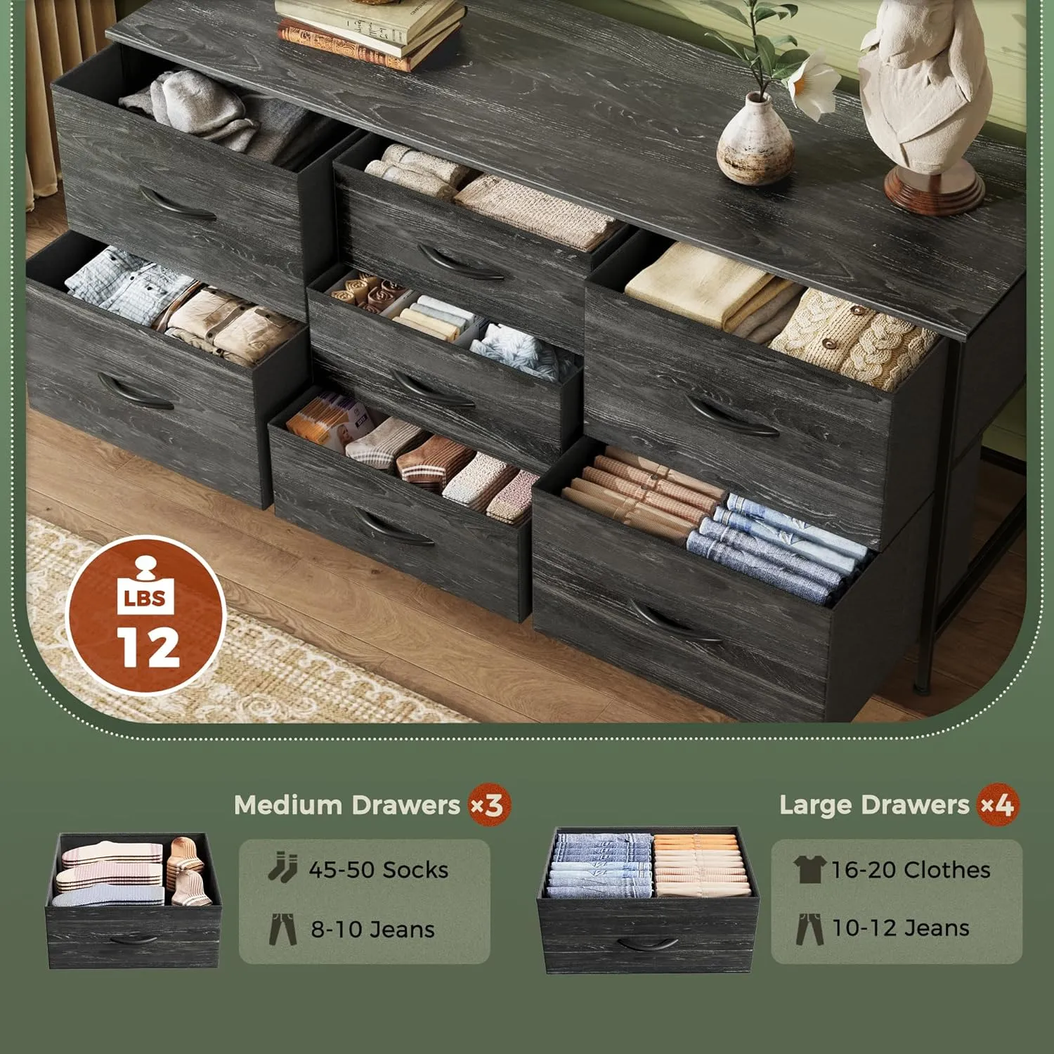 Huuger Dresser with 7 Fabric Drawers, 47 Inch Dresser TV Stand for 43, 50, 55 Inch TV, Metal Frame, for Bedroom, Clothing, Charcoal Black Wood Grain Print