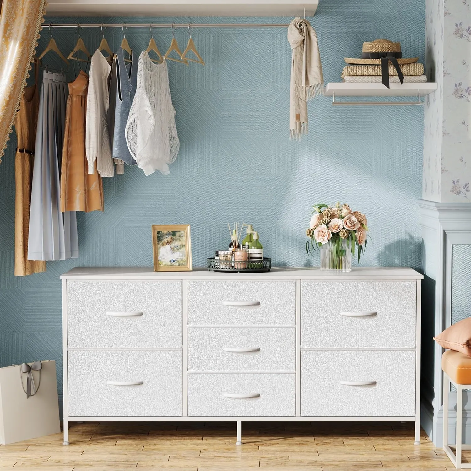 Huuger Dresser with 7 Fabric Drawers, 47 Inch Dresser TV Stand for 43, 50, 55 Inch TV, PU Leather, Metal Frame, Clothing, White