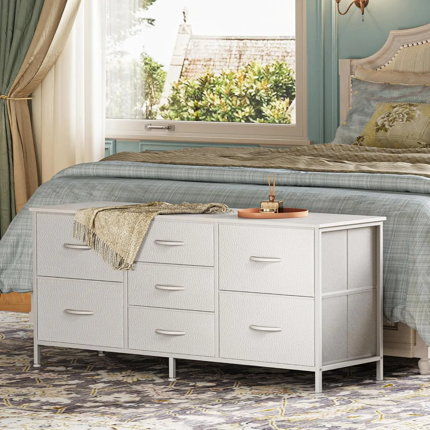 Huuger Dresser with 7 Fabric Drawers, 47 Inch Dresser TV Stand for 43, 50, 55 Inch TV, PU Leather, Metal Frame, Clothing, White