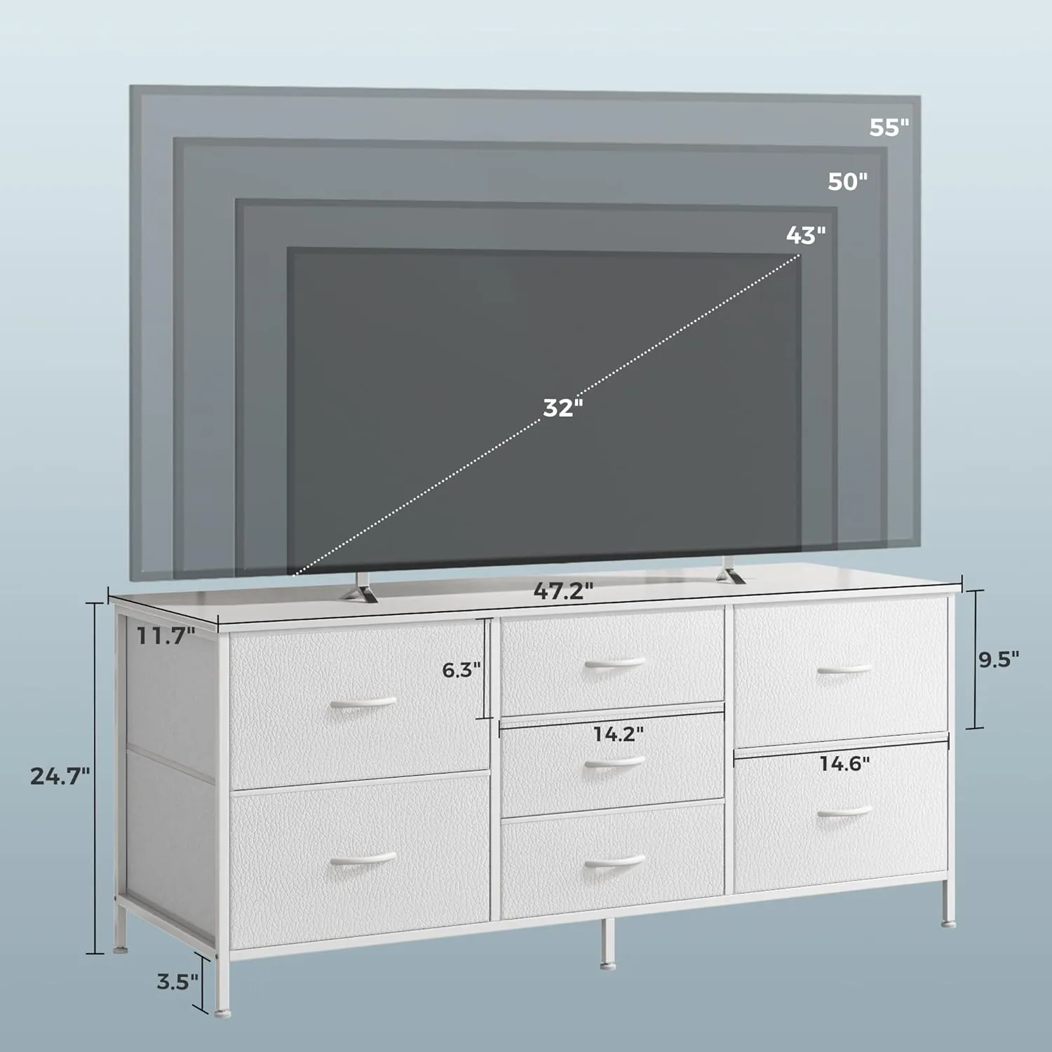 Huuger Dresser with 7 Fabric Drawers, 47 Inch Dresser TV Stand for 43, 50, 55 Inch TV, PU Leather, Metal Frame, Clothing, White