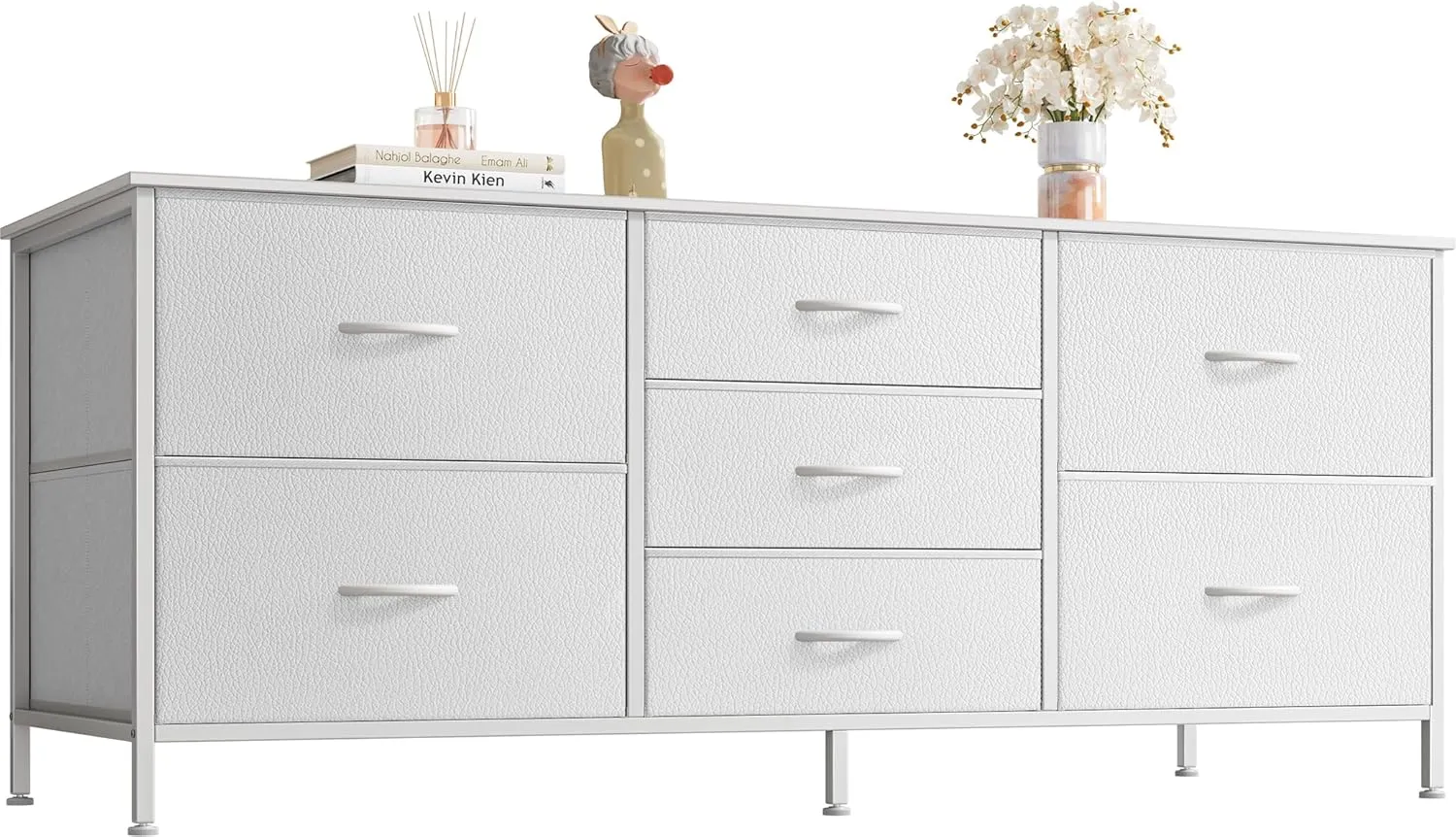 Huuger Dresser with 7 Fabric Drawers, 47 Inch Dresser TV Stand for 43, 50, 55 Inch TV, PU Leather, Metal Frame, Clothing, White
