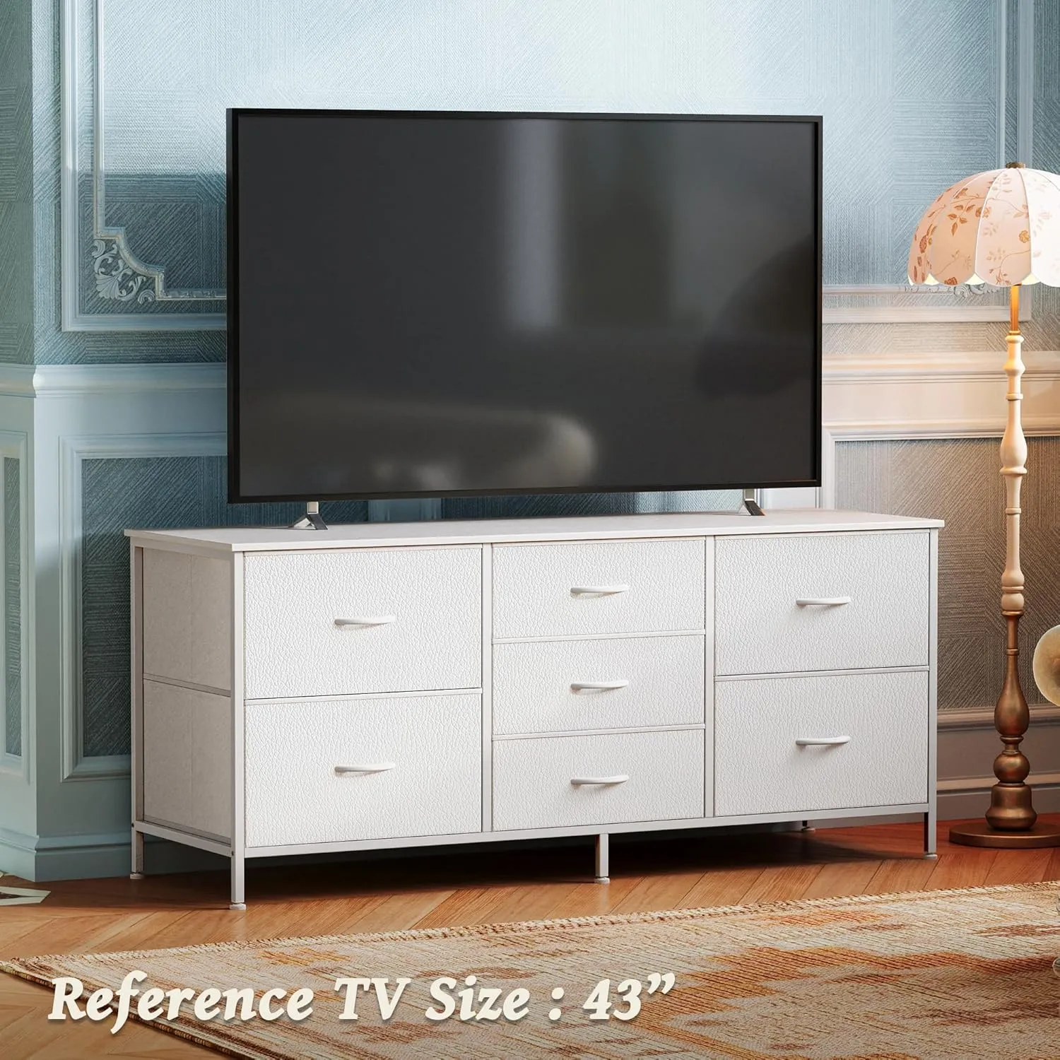 Huuger Dresser with 7 Fabric Drawers, 47 Inch Dresser TV Stand for 43, 50, 55 Inch TV, PU Leather, Metal Frame, Clothing, White