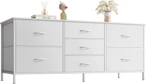 Huuger Dresser with 7 Fabric Drawers, 47 Inch Dresser TV Stand for 43, 50, 55 Inch TV, PU Leather, Metal Frame, Clothing, White