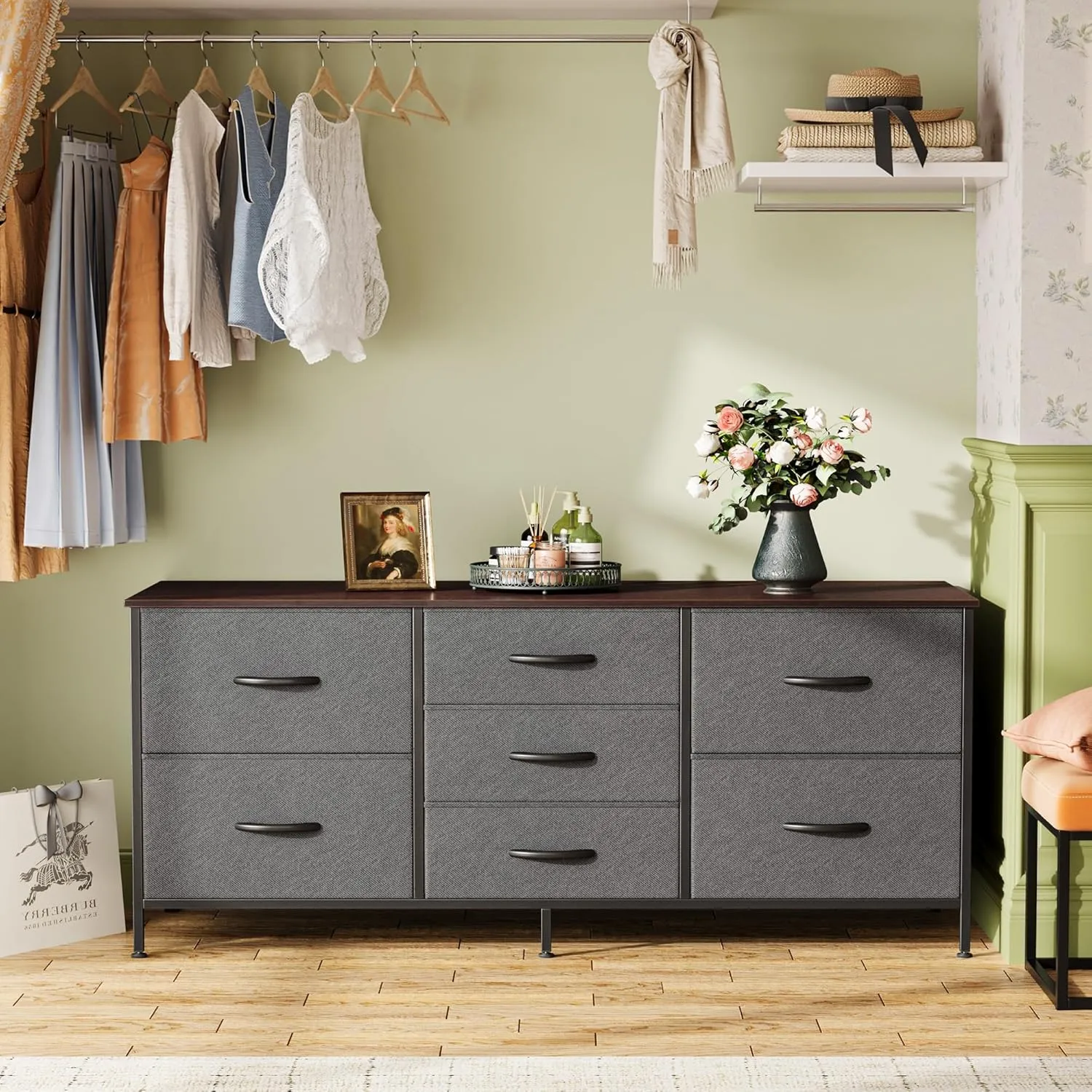 Huuger Dresser with 7 Fabric Drawers, 47 Inch Dresser TV Stand for 43, 50, 55 Inch TV, Wide Chest of Drawers, Metal Frame, for Bedroom, Clothing, Dark Grey