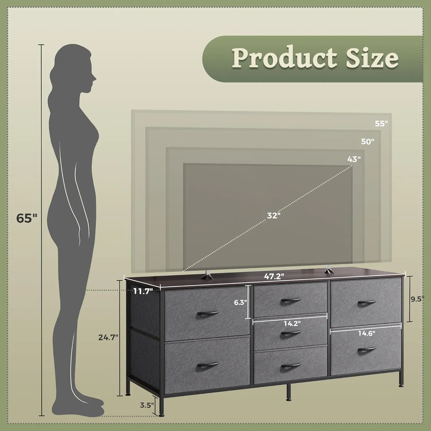 Huuger Dresser with 7 Fabric Drawers, 47 Inch Dresser TV Stand for 43, 50, 55 Inch TV, Wide Chest of Drawers, Metal Frame, for Bedroom, Clothing, Dark Grey