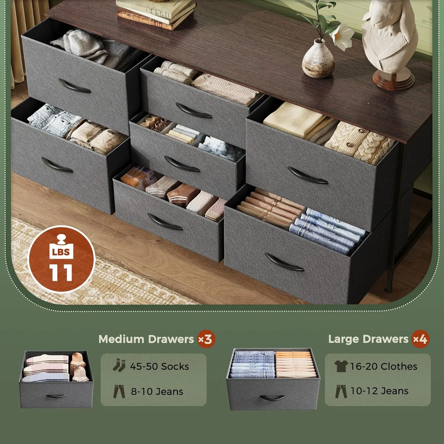 Huuger Dresser with 7 Fabric Drawers, 47 Inch Dresser TV Stand for 43, 50, 55 Inch TV, Wide Chest of Drawers, Metal Frame, for Bedroom, Clothing, Dark Grey