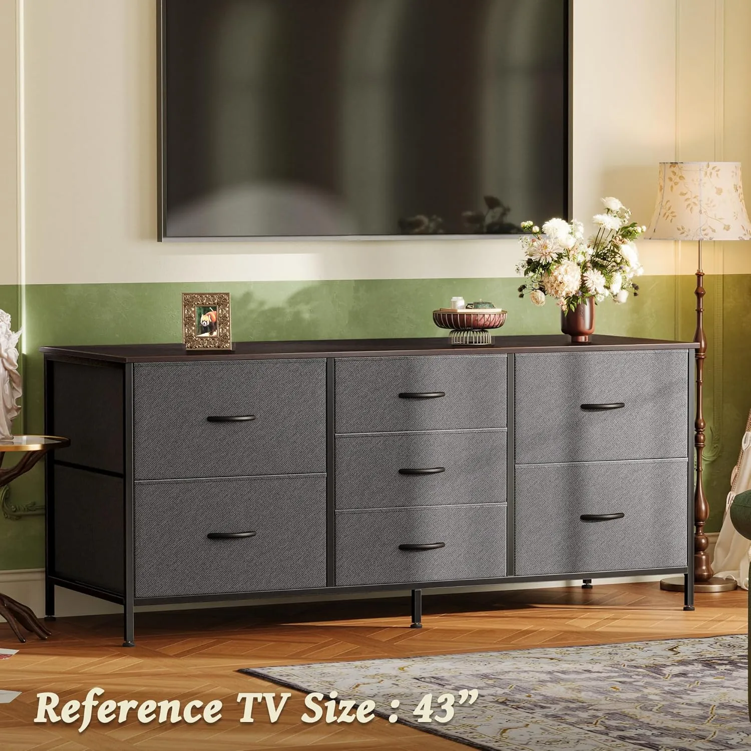 Huuger Dresser with 7 Fabric Drawers, 47 Inch Dresser TV Stand for 43, 50, 55 Inch TV, Wide Chest of Drawers, Metal Frame, for Bedroom, Clothing, Dark Grey