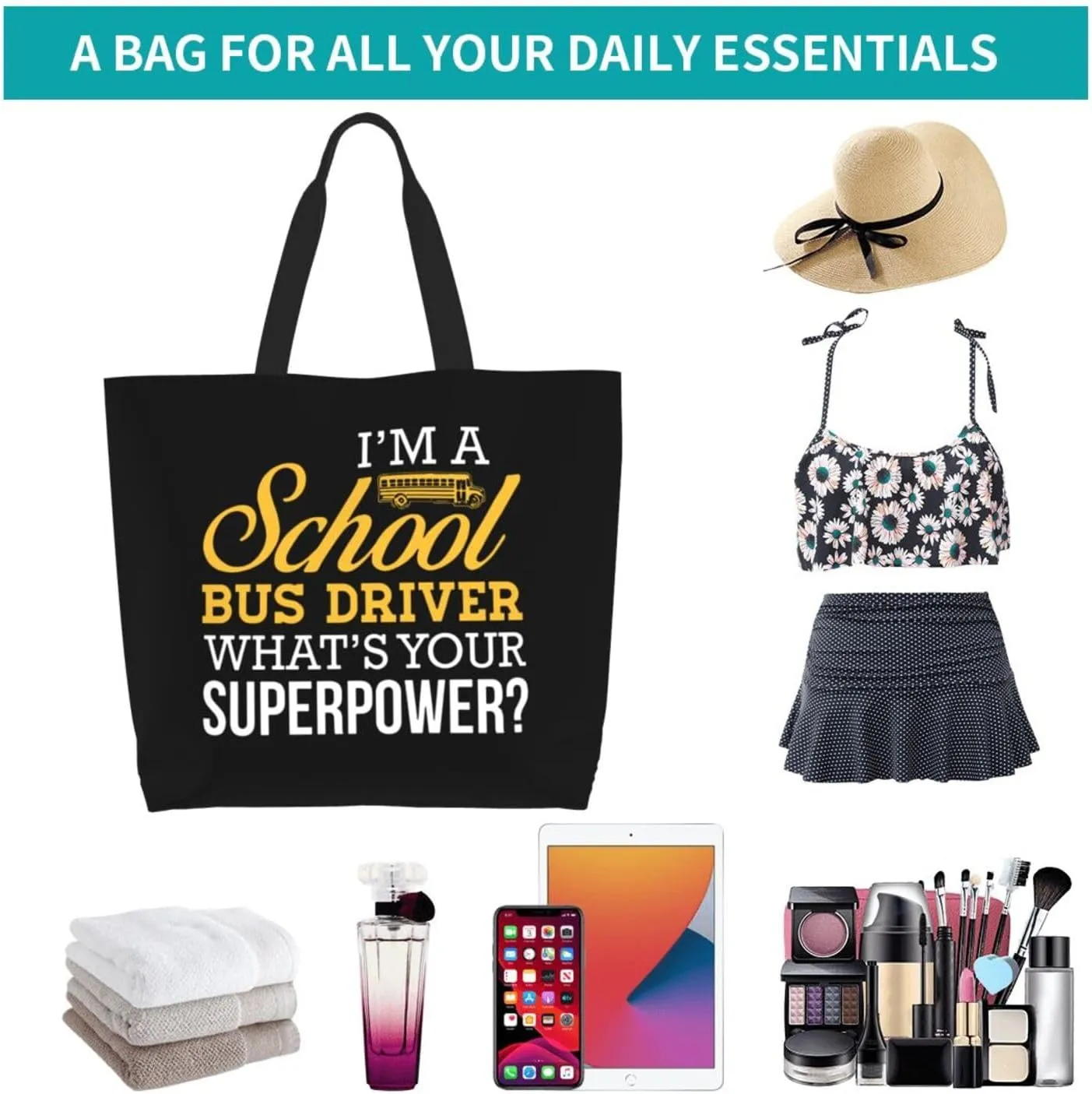 I Am School Bus Driver Whats Your Superpower Women'S Lightweight Canvas Handbag Waterproof Reusable Shopping Bag