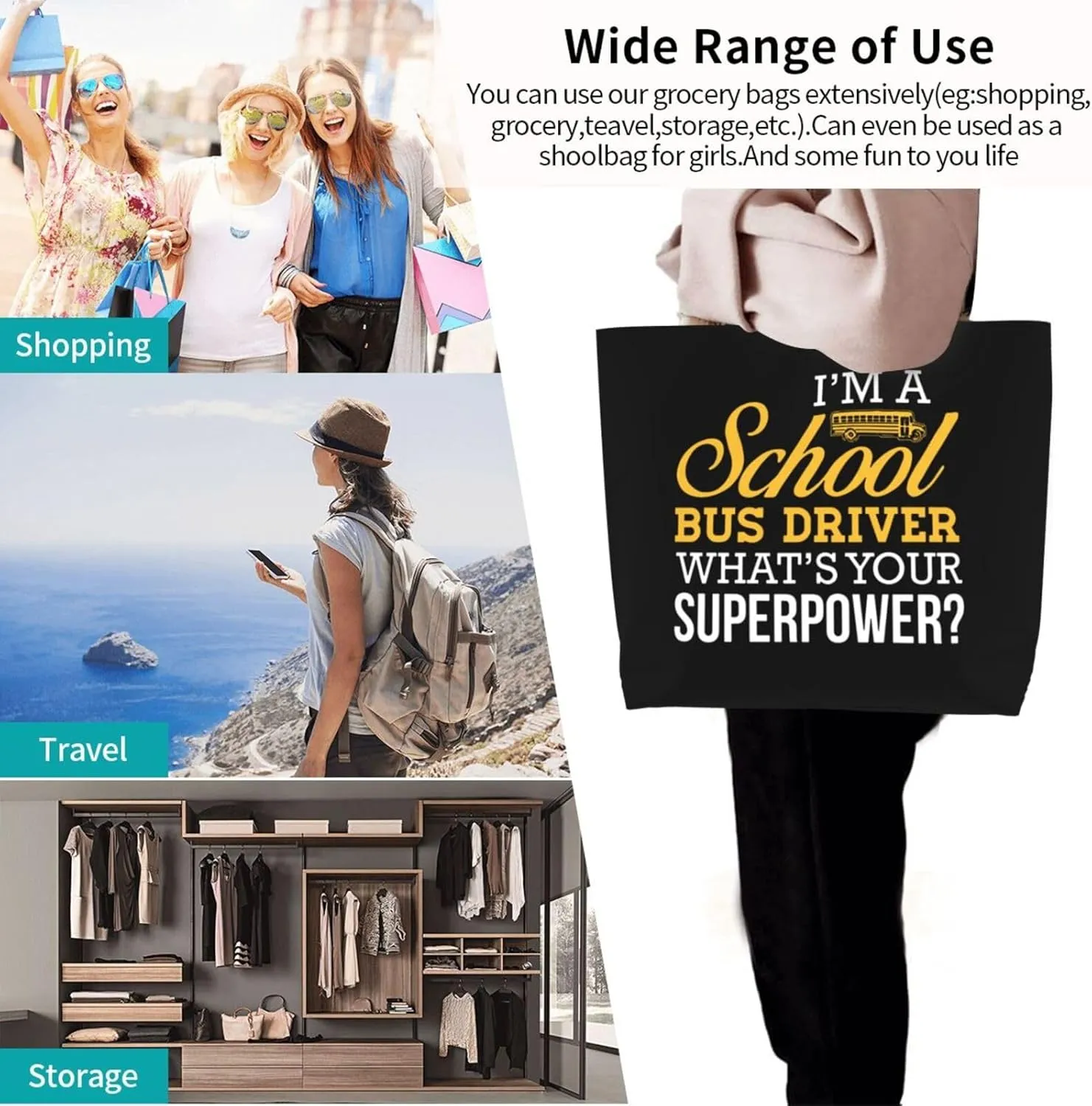 I Am School Bus Driver Whats Your Superpower Women'S Lightweight Canvas Handbag Waterproof Reusable Shopping Bag