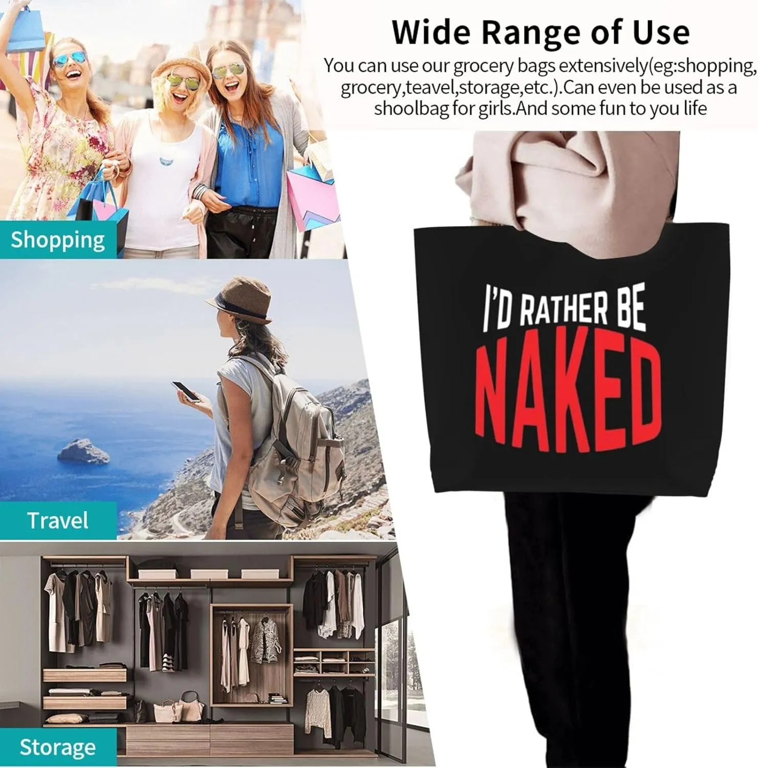 I'd Rather Be Naked Women's Lightweight Canvas Handbag Waterproof Reusable Shopping Bag