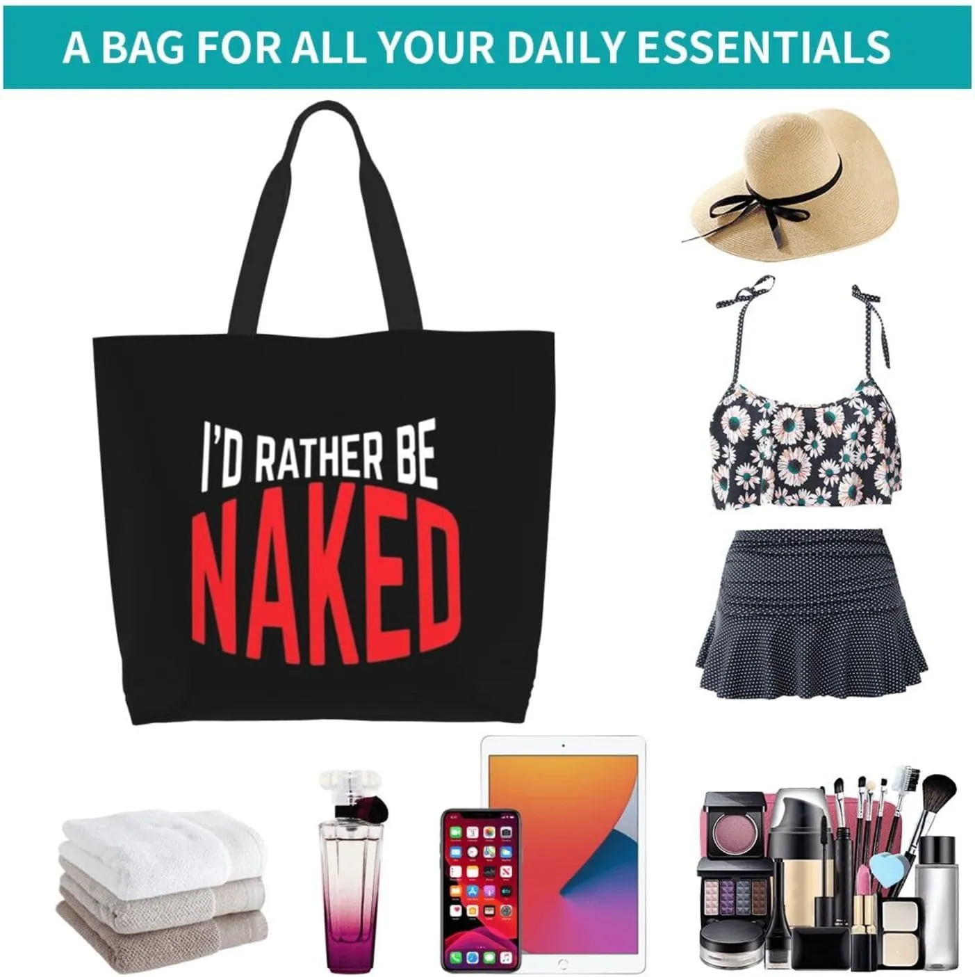 I'd Rather Be Naked Women's Lightweight Canvas Handbag Waterproof Reusable Shopping Bag