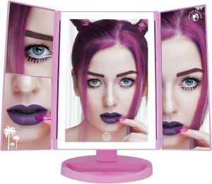 Impressions Vanity Barbie LED Trifold Makeup Mirror with Magnification, 3 Way View Portable Desk Mirrors with Dimmable Tri Tone Lighting, Tilt Adjustable Stand, and Touch Switch