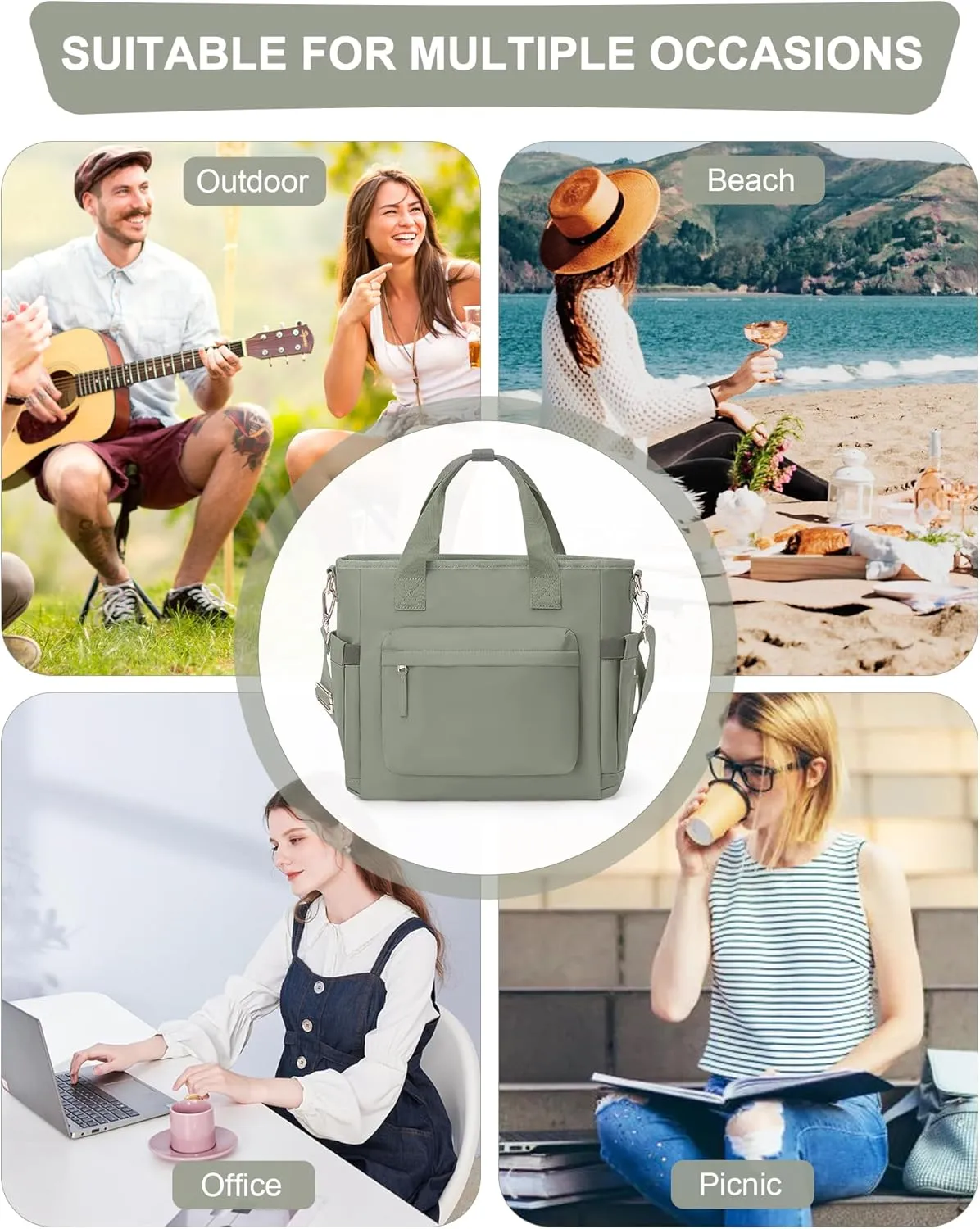 Insulated Lunch Bag Women Large Lunch Tote Bag Box Bags Boxes with Shoulder Strap Adult for Women Men Work Grey Green with Water Bottle Holder