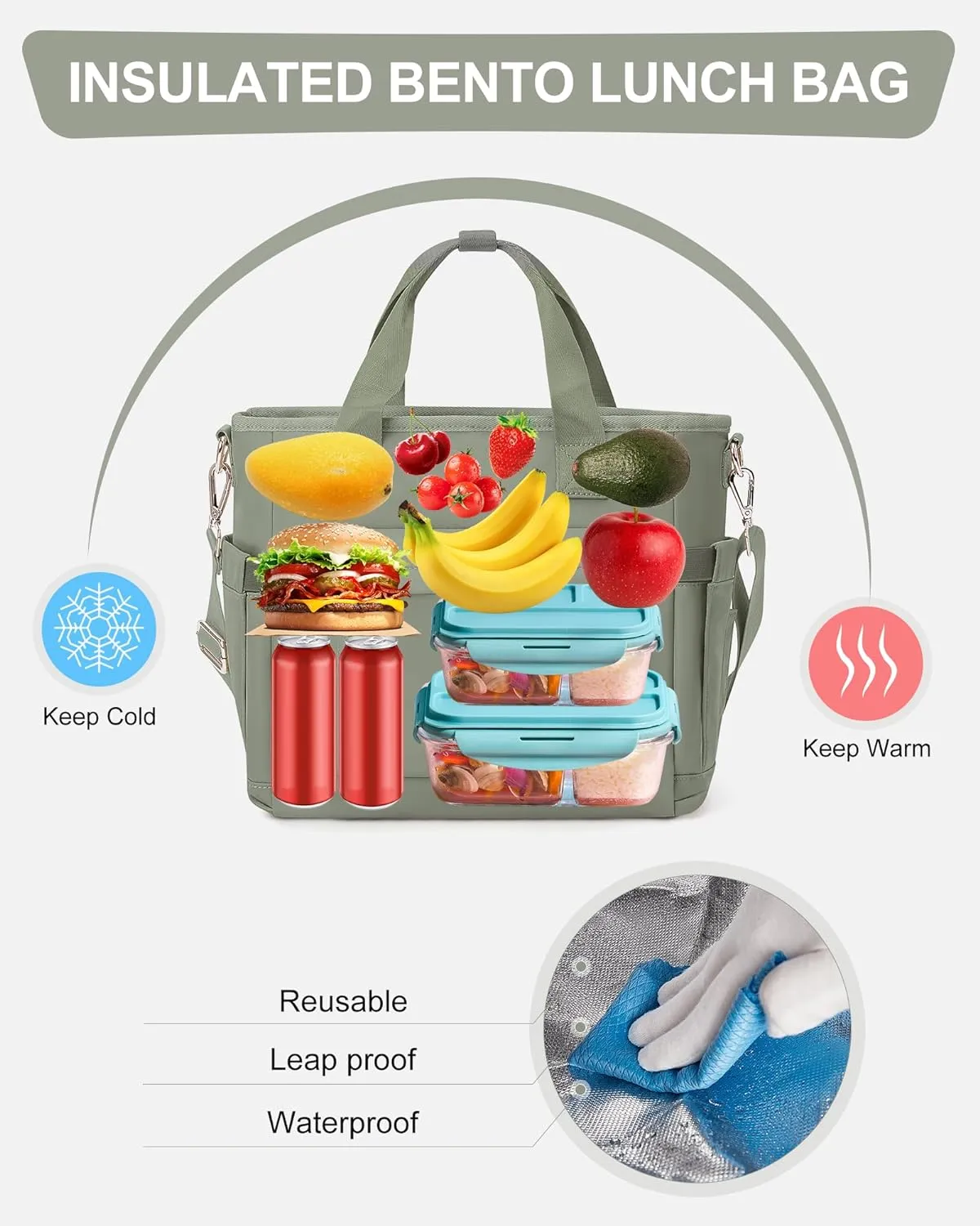 Insulated Lunch Bag Women Large Lunch Tote Bag Box Bags Boxes with Shoulder Strap Adult for Women Men Work Grey Green with Water Bottle Holder