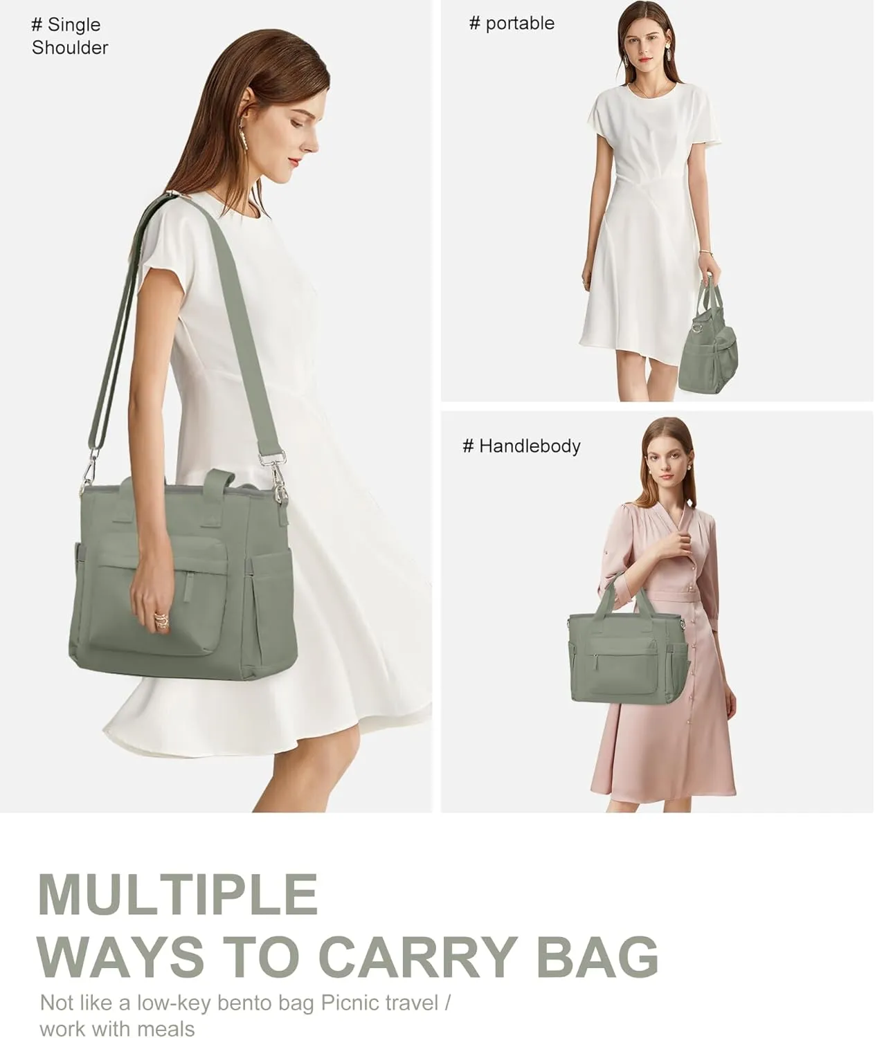 Insulated Lunch Bag Women Large Lunch Tote Bag Box Bags Boxes with Shoulder Strap Adult for Women Men Work Grey Green with Water Bottle Holder