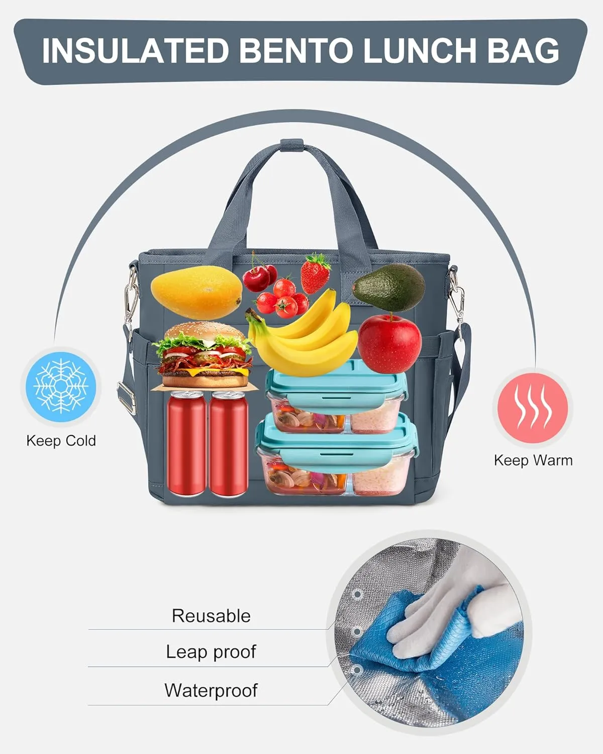Insulated Lunch Bag Women Large Lunch Tote Bag with Shoulder Strap Adult Lunch Box Bags for Women Men Work Royal Blue Lunch Boxes with Water Bottle Holder
