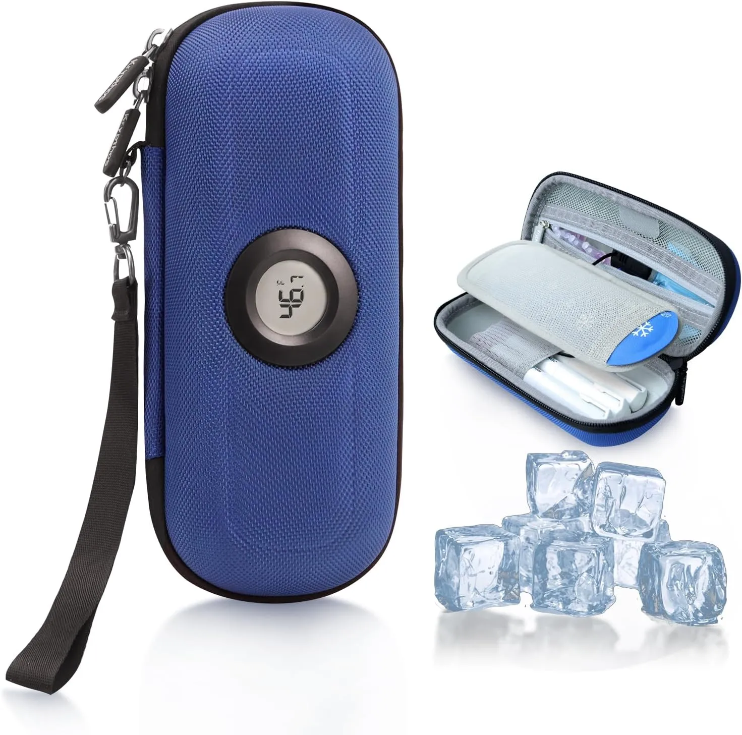 Insulin Cooler Diabetes Travel Case with Thermometer Temperature Display, Refrigerated Medication Travel Bag, Vials Organizer Bag with 2 TSA Approved Ice Pack for Daily Trip (Blue)