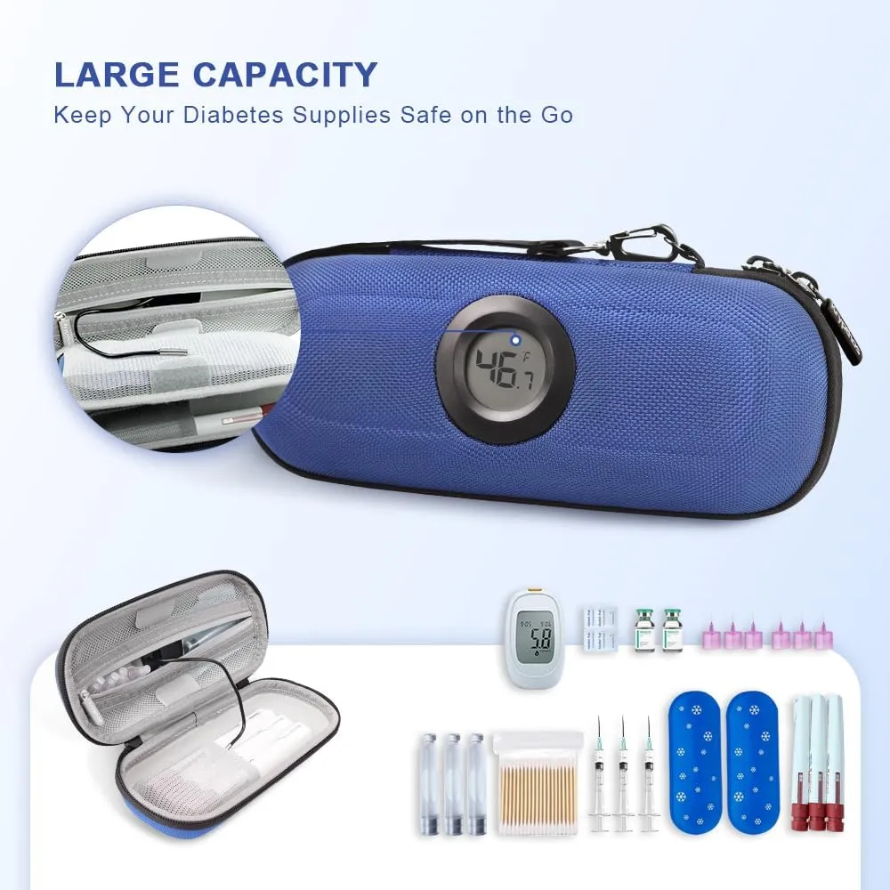 Insulin Cooler Diabetes Travel Case with Thermometer Temperature Display, Refrigerated Medication Travel Bag, Vials Organizer Bag with 2 TSA Approved Ice Pack for Daily Trip (Blue)