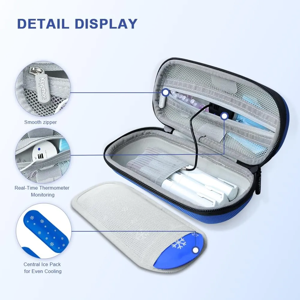 Insulin Cooler Diabetes Travel Case with Thermometer Temperature Display, Refrigerated Medication Travel Bag, Vials Organizer Bag with 2 TSA Approved Ice Pack for Daily Trip (Blue)