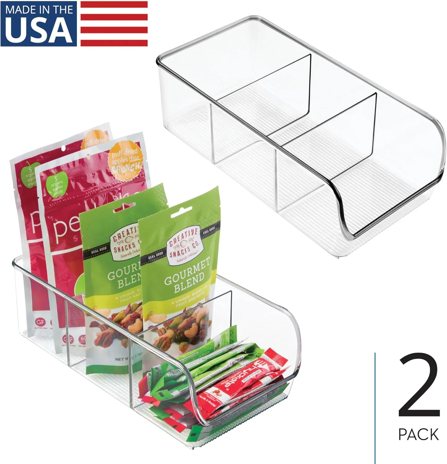 InterDesign iDesign Stackable 3-Section Divided Storage Bin for Pantry, Fridge, or Cabinet - Set of 2 - Clear