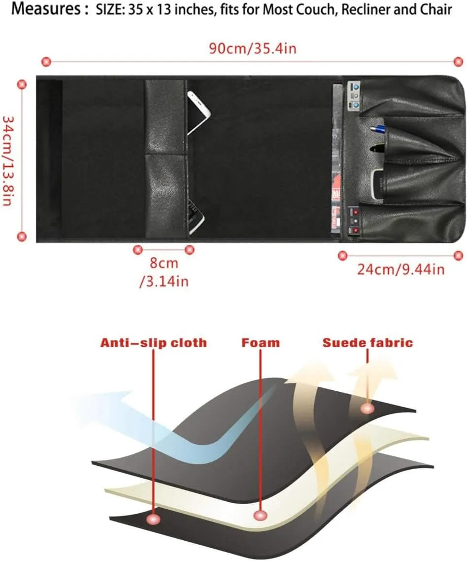 IPENNY No-slip Leather Sofa Couch Remote Control Holder Chair Armrest Caddy Pocket Organizer Storage Bag for Cellphone Tablet Notepad Book Magazines DVD Eyewears Drinker Snacks Holder Pouch