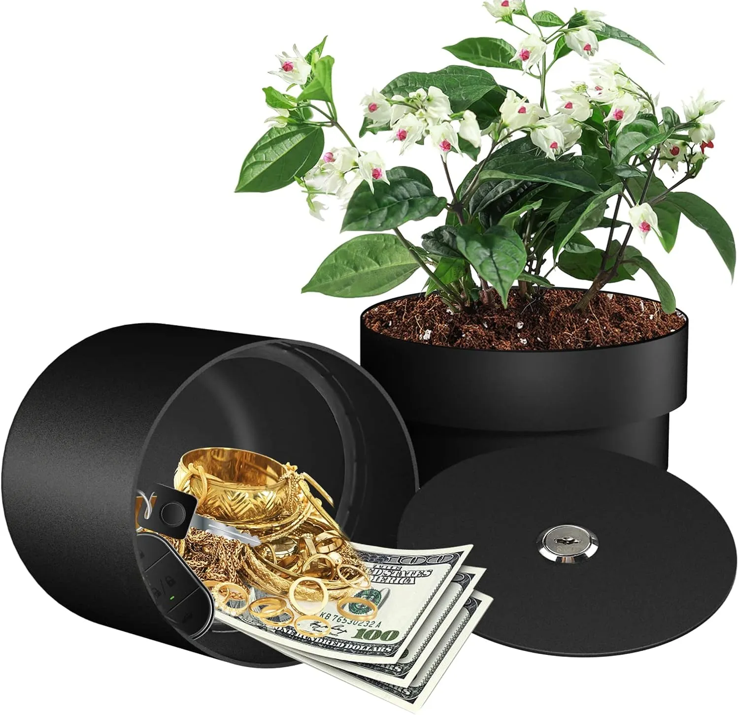 Iron Flower Pot Secret Compartment, Hidden Safe Compartment Lock Box Secret Hideaway Money, Keys and Other Valuables, Waterproof, Corrosion (Black)