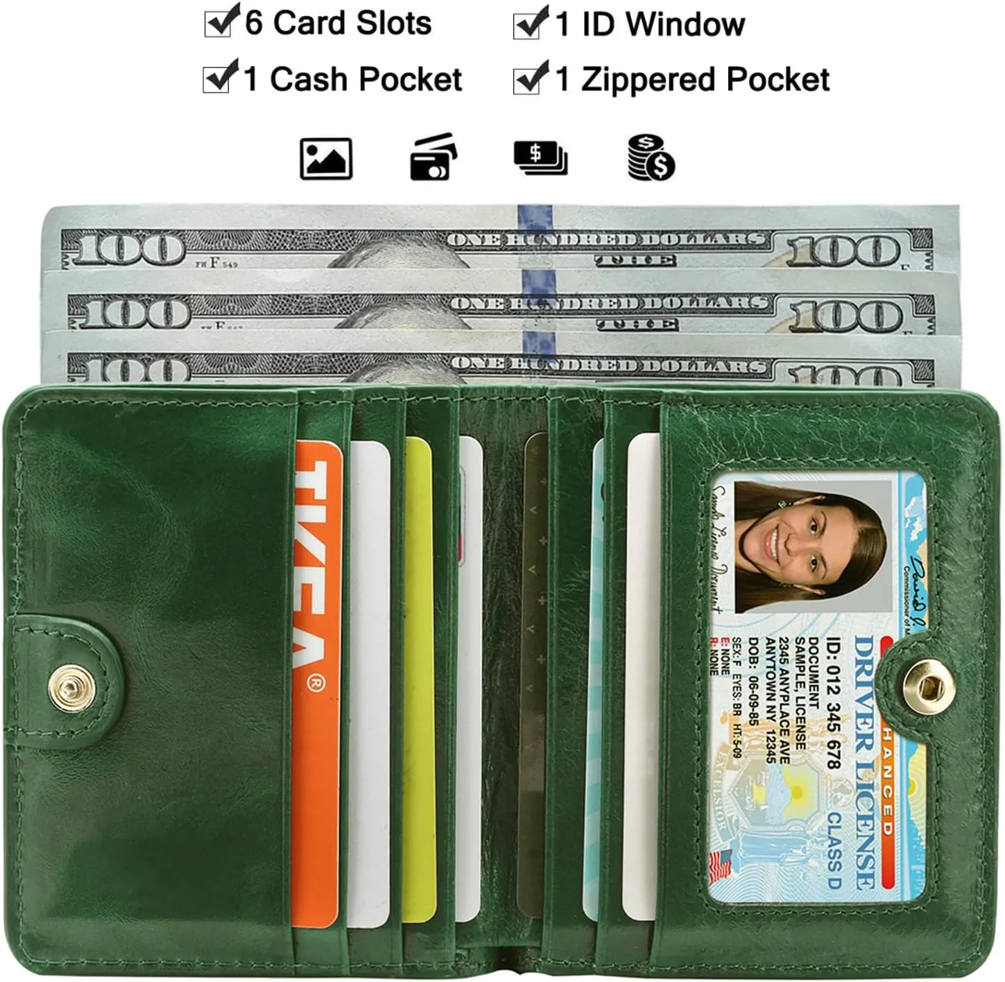Itslife Women's Rfid Blocking Small Compact Bifold Leather Pocket Wallet Ladies Mini Purse with id Window (Waxed Dark Green)
