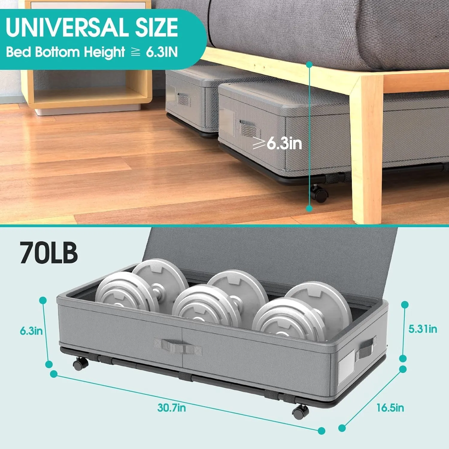 IUI Underbed Storage with Wheels & Lid | 50L Large Capacity Rolling Under Bed Storage Containers | for Clothes, Shoes, Blankets, Books, Toys | Gray