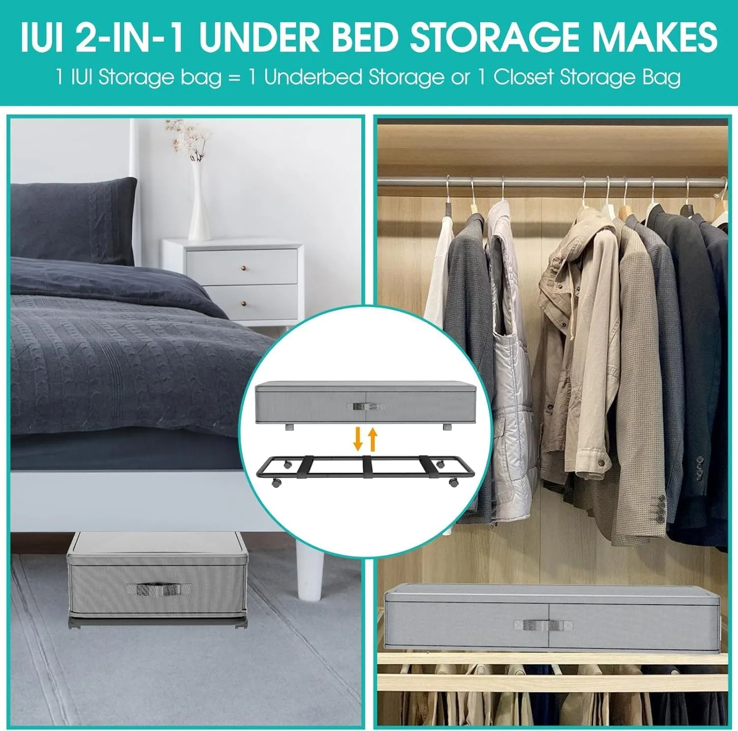 IUI Underbed Storage with Wheels & Lid | 50L Large Capacity Rolling Under Bed Storage Containers | for Clothes, Shoes, Blankets, Books, Toys | Gray
